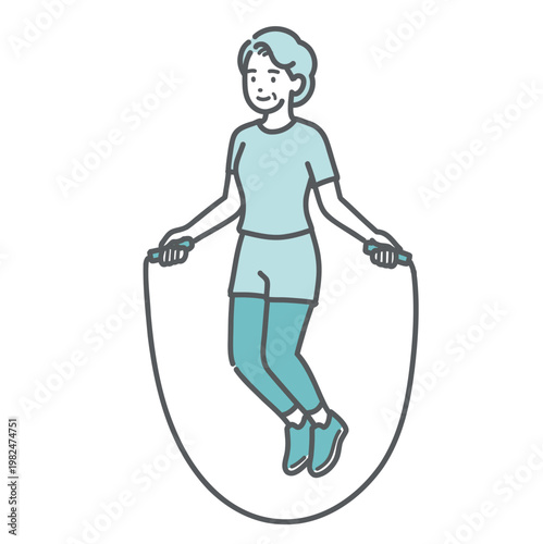 笑顔で縄跳びをするシニア女性のイラスト