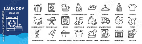 Laundry icon collection set. Containing design laundry, washing machine, detergent, clothing, laundromat