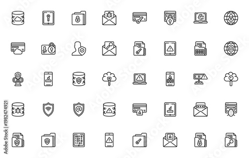Data security icon set. Vector symbols for server, cloud, padlock, shield, email, browser, and more. Minimal line icons for privacy and protection.