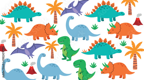 Cute Cartoon Dinosaur Seamless Pattern with Volcano, Palm Trees, and Prehistoric Animals in Colorful Playful Kids Background Vector Illustration