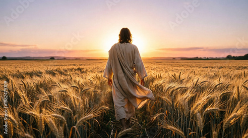 Jesus walks through golden wheat at sunset, symbolizing peace, faith, hope, and renewal.