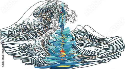 Abstract ocean wave illustration inspired by Japanese style, flowing water lines and dynamic motion, artistic vector design for nature, sea themes and decorative backgrounds
