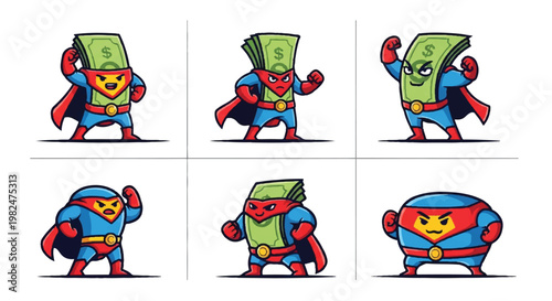 Superhero money character set in various poses for financial concepts