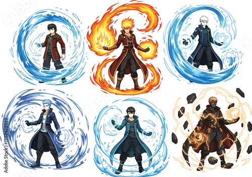 Anime elemental characters collection with fire, water and earth powers, dynamic vector illustration set for fantasy, game design, magic abilities and action scenes