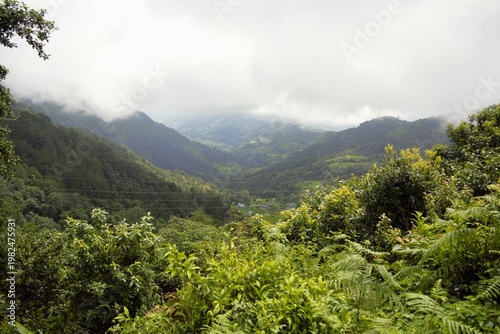 Photos Scenic view from the Annapurna trekking trail featuring lush green hills, a mist-covered valley, and a rural village in Nepal