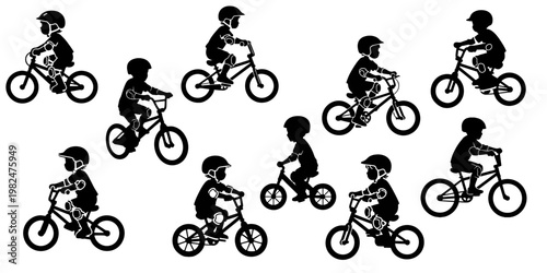 silhouette of a child riding a BMX bike with head protection and elbow protectors