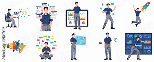 Flat Design Business Man Character in Various Activities and Technology Device
