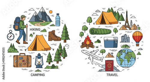 Camping and travel icon compositions with mountains, tents and outdoor elements, creative vector illustration set for adventure, tourism, nature exploration and vacation design