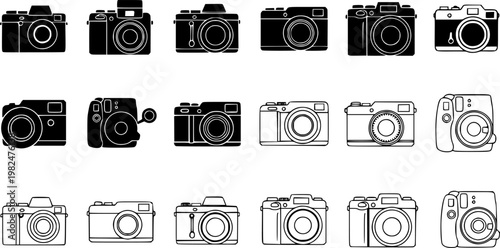 Photo Camera icons, vector design. Silhouette and stroke icon collection
