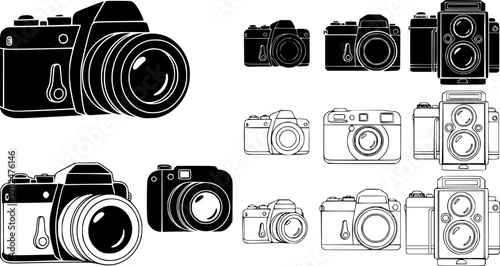 Photo Camera icons, vector design. Silhouette and stroke icon collection
