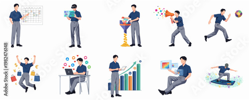 Flat Style Businessman Character Performing Different Actions Business and Lifestyle Illustration