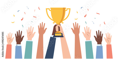 Diverse group of people raising their hands and holding a golden trophy cup vector illustration