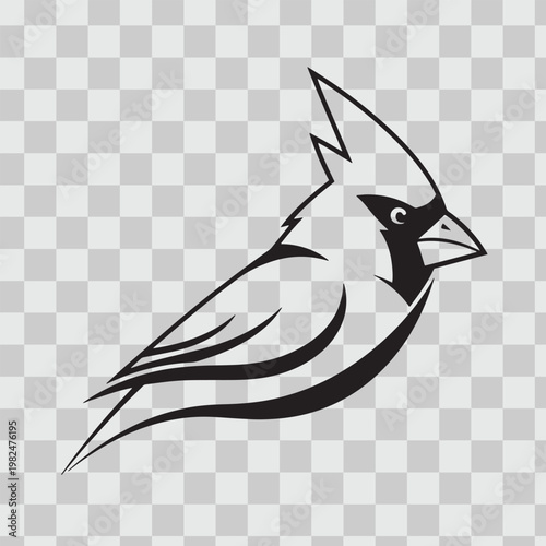 Profile of cardinal bird head, stylized graphic, sharp crest, black mask, bold lines, iconic symbol, isolated on transparent background.