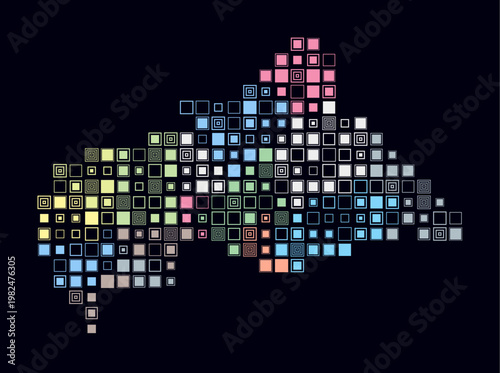 Central African Republic, shape of the country build of colored cells. Digital style map of the Central African Republic on dark background. Large size square blocks. Artistic vector illustration.