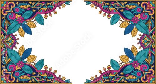 Colorful floral ornamental border with decorative leaves and intricate patterns, vibrant vector frame design for invitations, cards, backgrounds and elegant decorative layouts