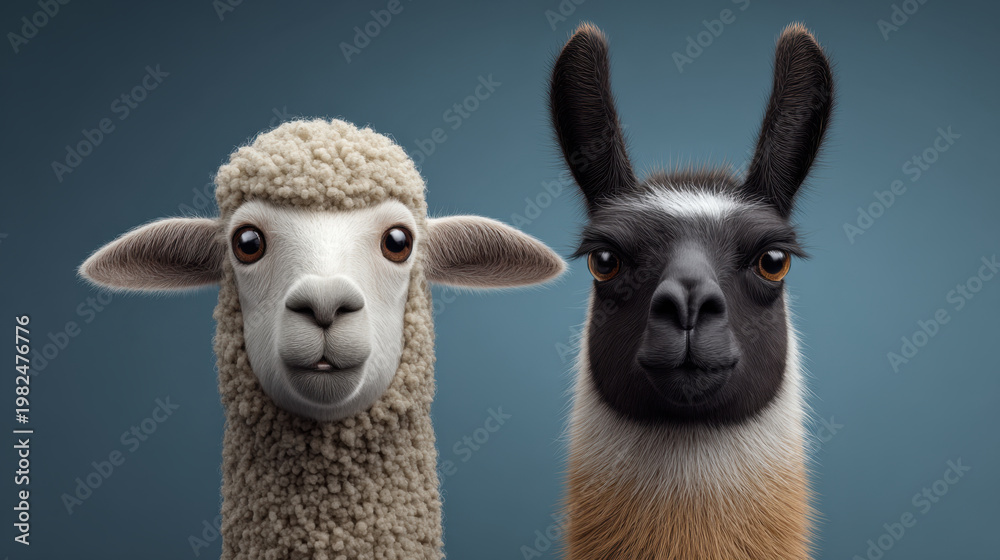 Obraz premium Sheep and llama portrait, minimalist studio animal pair, soft wool texture, neutral background, front view, calm expression