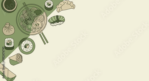 Japanese Food Vector Illustration with Copy Space, Minimalist Green Flat Line Art of Ramen, Sushi, and Dim Sum, Asian Cuisine Banner Background.