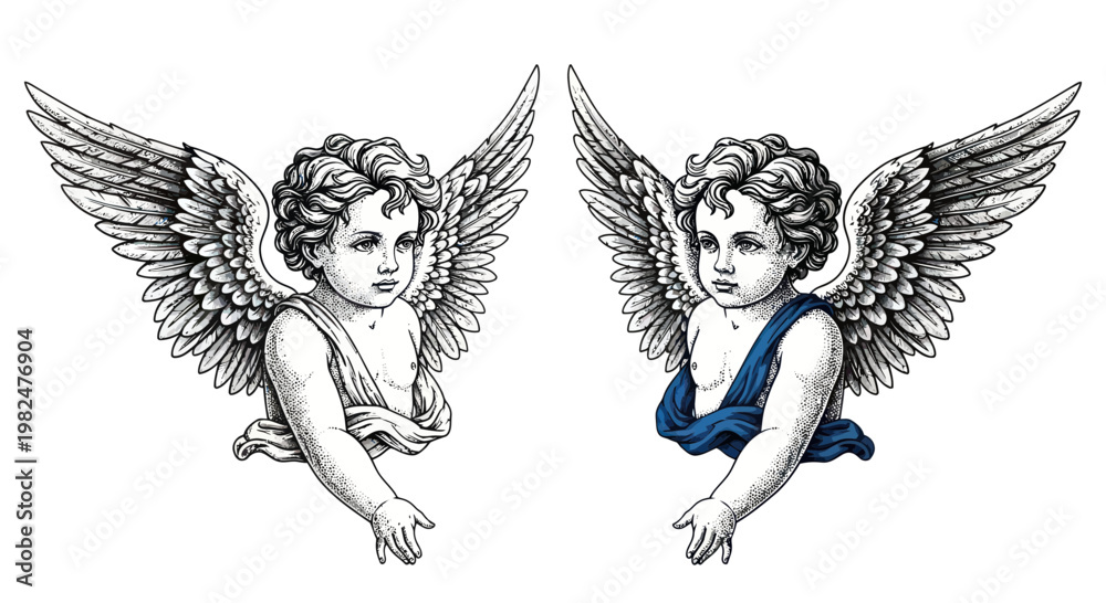 Fototapeta premium Two Cherubs with Wings, Vintage Illustration, Angelic Figures
