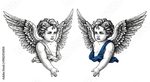 Two Cherubs with Wings, Vintage Illustration, Angelic Figures