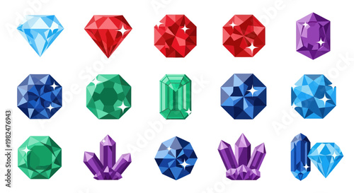Assortment of Colorful Gemstones and Crystals on White Background