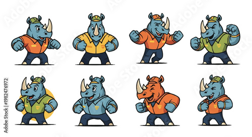 Cartoon rhinoceros character set poses and actions vector illustration