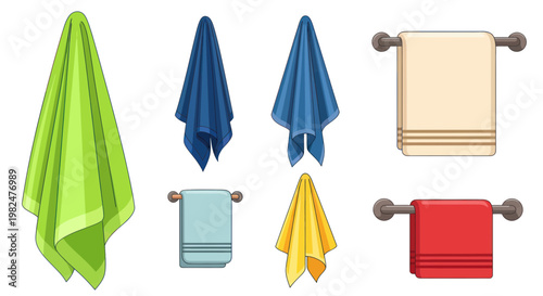 Colorful Bathroom Towels Hanging on Racks - Set of 6