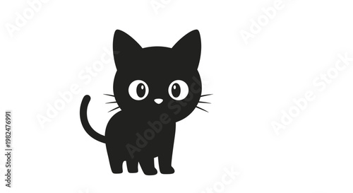 Cute black kitten cartoon character, minimalist vector illustration, kawaii style