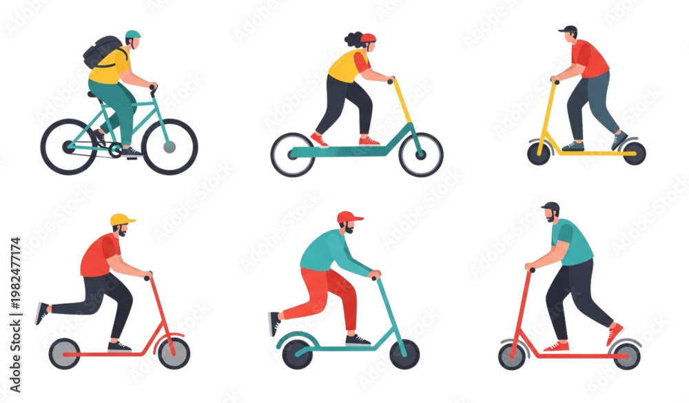 Fototapeta premium People riding bicycles and sport wheels vector illustration set for outdoor activity