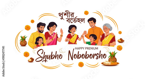 Illustrative vector art of a happy Bengali New Year celebration depicts a family in traditional dress against a white background, conveying the festive Bengali atmosphere of the Pohela