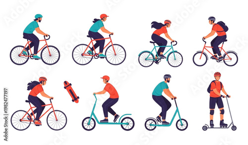 Outdoor sports activity vector set with people riding bicycles, skateboards and scooters