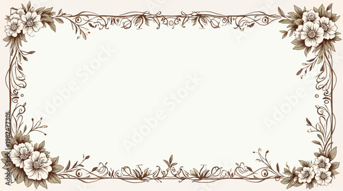 Elegant vintage floral frame with ornamental vine branches and corner flower clusters