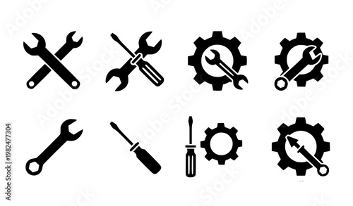 Wrench screwdriver gear icon collection vector service tools glyph set isolated on white background