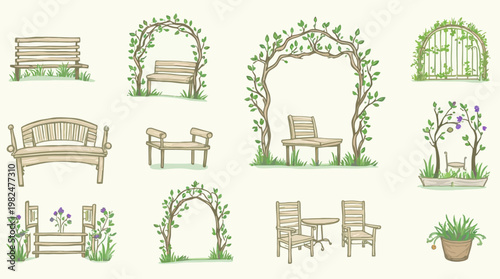 Collection of hand-drawn garden furniture, benches, arches, and green plants