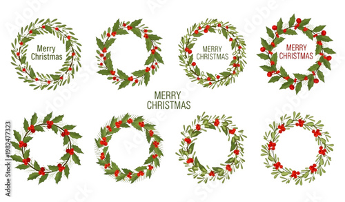 Merry Christmas wreath vector set with mistletoe and red berries isolated on white