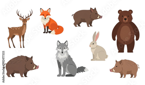 Forest animal icon set vector illustration with wild mammals collection isolated