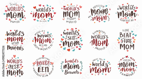 Collection of diverse Mother's Day typographic designs featuring hearts and colorful decorations.