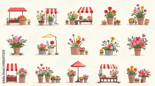 A collection of colorful potted flowers and flower market stalls on a light background.