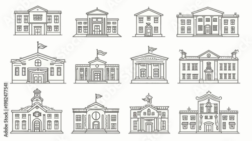 Outline vector illustrations of diverse architectural city buildings and structures