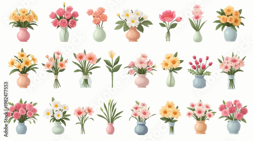 Collection of vibrant vector flower bouquets in various vases and styles.