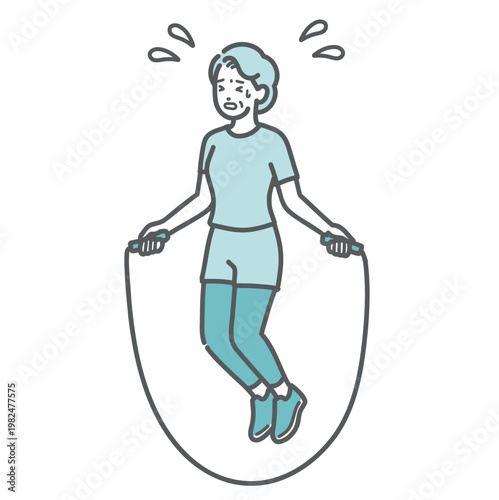 汗だくで辛そうに縄跳びをしているシニア女性のイラスト