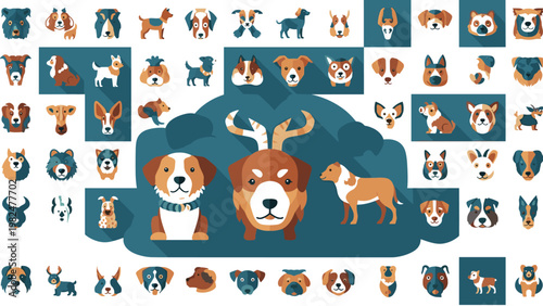 Dog breed collection with various cute and realistic canine faces and poses, detailed vector illustration set for pets, animal design, avatars, stickers and branding use