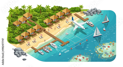 Isometric vector illustration of a tropical beach resort showcasing an airplane landing near the shore, with boats docked at a pier and bungalows nestled among trees, creating a vibrant