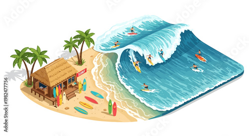 Isometric vector illustration showcasing a 3D beach scene with surfers riding a large wave and a beachside business, rendered in a bright and cheerful style perfect for travel and holiday