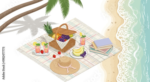 Isometric vector illustration of a 3D beach scene showcasing a picnic setup with fruit, drinks, and books on a blanket near the shore, rendered in a bright, cheerful style evoking travel