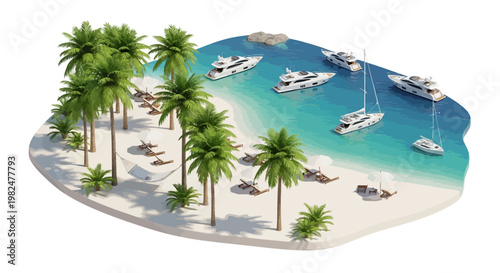 Isometric illustration showcasing a vibrant beach scene with palm trees and luxury yachts anchored offshore, rendered in a clean vector design that evokes a sense of upscale travel