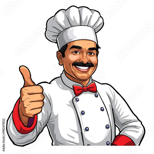 Cheerful cartoon chef giving thumbs up in professional kitchen setting