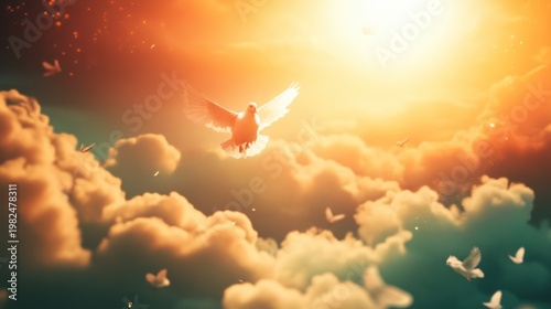 A Dove Flying Towards the Sun in a Cloudy Sky.