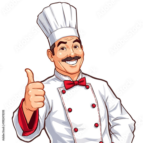 Confident cartoon chef giving thumbs up in professional kitchen attire and hat