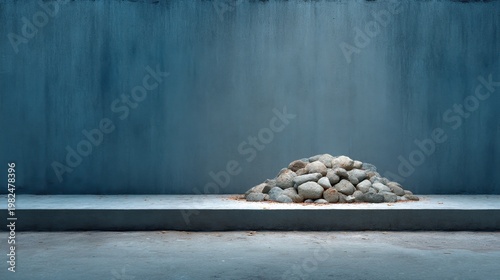 Pile of Smooth Stones on Minimalist Gray Surface with Soft Blue Wall Background in Contemporary Artistic Setting for Interior Design Imagery