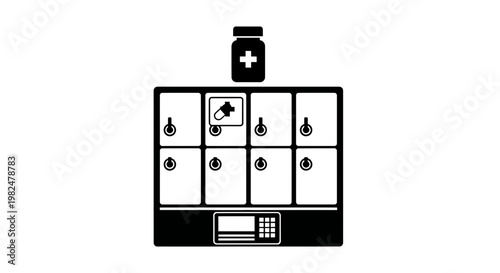Smart Pharmacy Locker with Medicine Bottle and Pill Icon